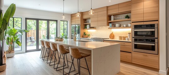 Stylish openconcept kitchen with light wood and quartz elegance