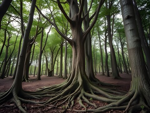 Majestic Forest with Large Tree and Exposed Roots, Dense Foliage, Woodland Scenery, Nature Photography.