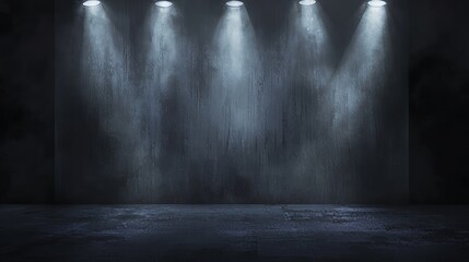 stage with multiple spotlight beams, realistic lighting, high resolution, dramatic and theatrical atmosphere, dark background, concert or performance setting, soft shadows