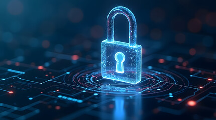 A glowing matallic 3d lock symbol on a digital background, representing cybersecurity and data protection in a futuristic technology environment