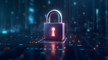 A glowing matallic 3d lock symbol on a digital background, representing cybersecurity and data protection in a futuristic technology environment