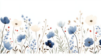 Fototapeta premium Watercolor blue and gray floral border on a white background