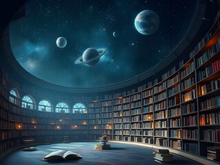 Enchanting Library with Galaxy Ceiling, Books and Planets, Fantasy Illustration, Science Fiction Reading Room.