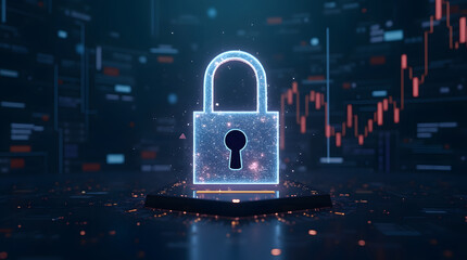 A glowing matallic 3d lock symbol on a digital background, representing cybersecurity and data protection in a futuristic technology environment