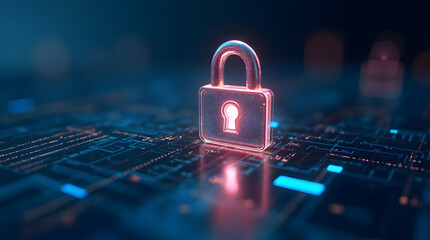 A glowing matallic 3d lock symbol on a digital background, representing cybersecurity and data protection in a futuristic technology environment
