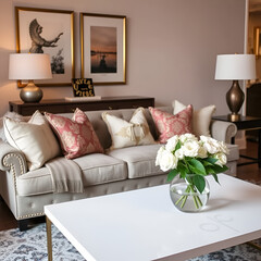 A stylish living room featuring cozy sofa adorned with decorative cushions, complemented by chic coffee table showcasing vase of fresh flowers. warm ambiance invites relaxation and comfort
