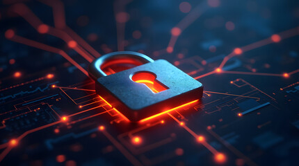 A glowing matallic 3d lock symbol on a digital background, representing cybersecurity and data protection in a futuristic technology environment