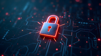 A glowing matallic 3d lock symbol on a digital background, representing cybersecurity and data protection in a futuristic technology environment