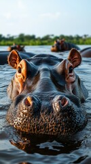 Fototapeta premium Hippopotamus swimming in a river during sunset with other hippos in the background