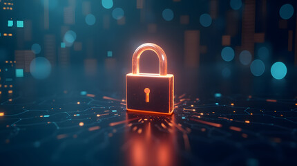 A glowing matallic 3d lock symbol on a digital background, representing cybersecurity and data protection in a futuristic technology environment