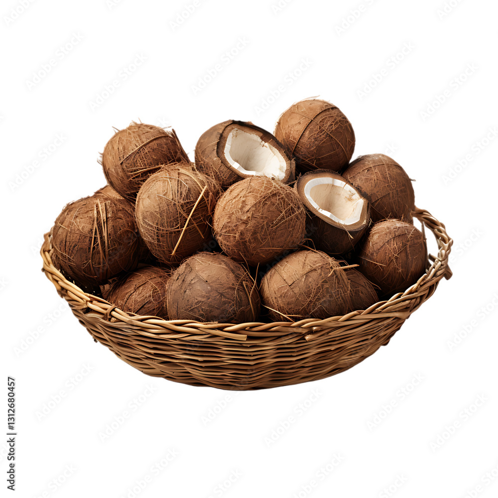 Poster tropical coconuts in a straw basket png cutout with a transparent backdrop for design and editing
