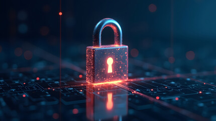 A glowing matallic 3d lock symbol on a digital background, representing cybersecurity and data protection in a futuristic technology environment