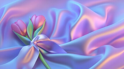 Fototapeta premium Pastel tulips, silk fabric, bow, iridescent background, greeting card