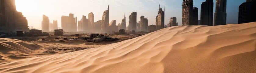A ruined futuristic city covered in sand, remnants of past technology visible