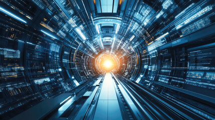 Futuristic sci-fi tunnel with glowing light and digital patterns