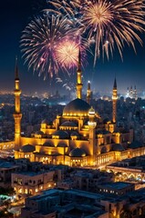 Obraz premium Stunning Fireworks Over Illuminated Mosque at Night