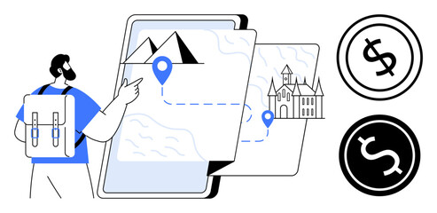 Traveler checks a digital map with location pins, mountains, and a castle. Two currency cost icons indicate budget consideration. Ideal for travel, adventure, exploration, planning, navigation