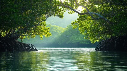 Green trees by water. Lush mangrove nature scene. Calm river reflects bright sunlight. Forest view over river. Peaceful nature scenery.