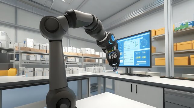 Modern Robotic Arm Working In An Automated Warehouse Environment