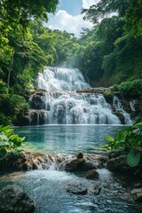 Waterfall in forest. Water flows down rocks. Green trees surround the cascade. Bright sunlight. Peaceful nature scene. Fresh flowing river. Turquoise water.