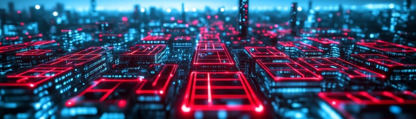 Obraz premium A dystopian megacity under strict AI surveillance, glowing red security grids