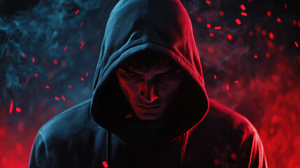 Mysterious hooded male in dark atmosphere with red glow and smoke