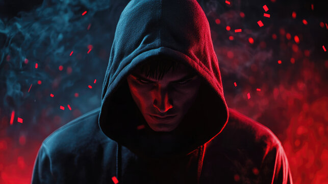 Mysterious hooded male in dark atmosphere with red glow and smoke