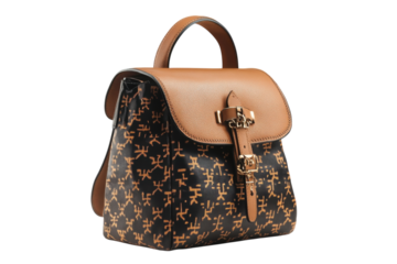 Stylish brown and black backpack with a unique pattern and a sleek design seen against a neutral background