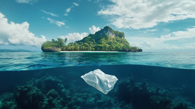 &Icirc;le tropicale avec pollution plastique sous l'eau