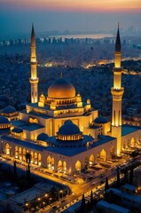 Obraz premium Stunning Night View of Illuminated Mosque in City