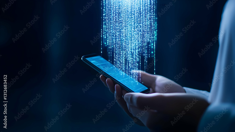 Poster glowing digital data streams emanating from a smartphone device