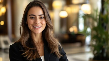 Obraz premium Femme souriante en costume dans un environnement moderne