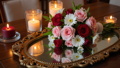 Obraz premium Luxurious wedding bouquet with red and pink roses, daisies, and candles on gold mirror for a romantic ambiance