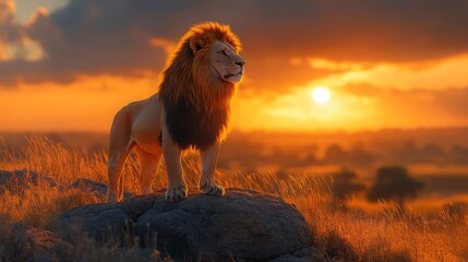 A lion stands on a rock in front of a sunset. The lion is looking to the right
