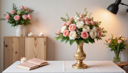 Luxurious floral wedding centerpiece with candles and open book for a sophisticated and romantic wedding decor