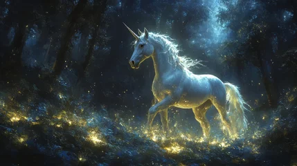 Wall murals A unicorn is walking through a forest at night. The moon is shining brightly, and the stars are twinkling in the sky. The scene is peaceful and serene
