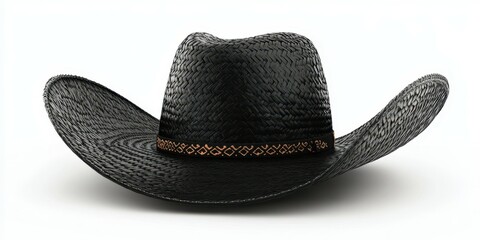 Stylish black straw sombrero with decorative band placed on a neutral background