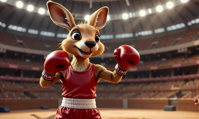Cheerful Kangaroo Boxer in Red Outfit Ready to Fight in a Brightly Lit Stadium - Powered by Adobe