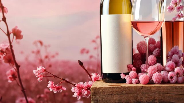 A glass and bottle of rose wine on a table with a raspberry bush in the background.