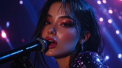  Stylish female singer on stage, dramatic lighting, sparkling outfit, deep gaze, confident performance, glowing bokeh background, passionate artistic expression.