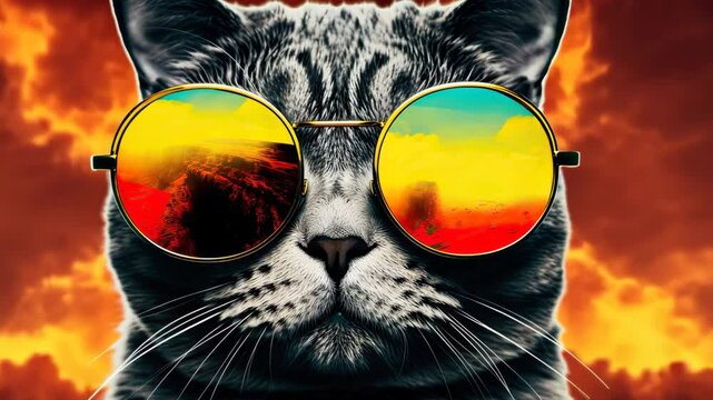 Portrait of a cat in sunglasses against the background of fire flames.