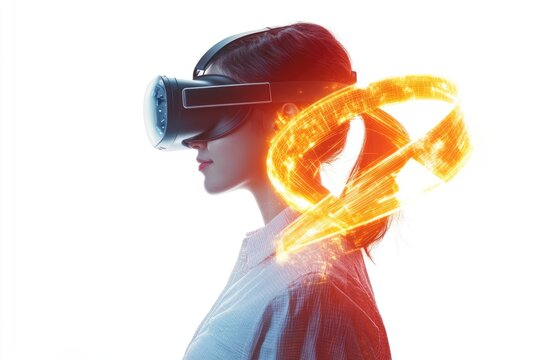 Woman wearing VR headset, experiencing immersive virtual reality with glowing energy trails.