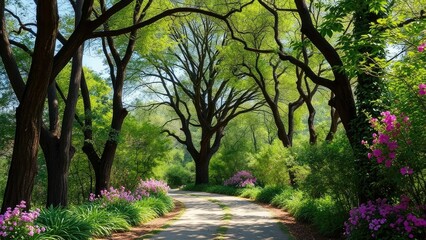 Fototapeta premium Calle serena con árboles altos y flores silvestres, camino, verde, bosque