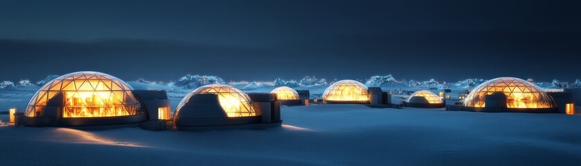 Fototapeta premium Arctic city with glowing heat domes, keeping inhabitants warm in extreme temperatures