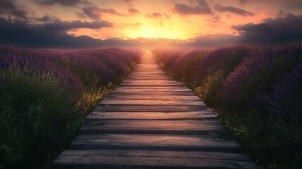 Chemin en bois champs de lavande coucher de soleil