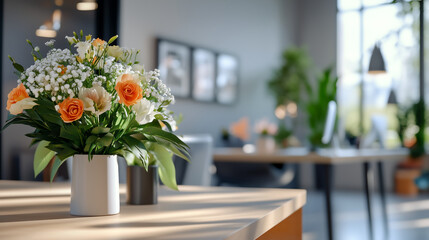 Bright flower arrangement enhances modern office workspace during daylight hours