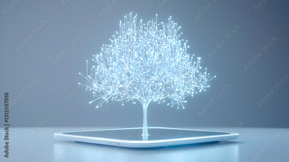 Aufkleber digital tree with nodes growing from tablet on gray background
