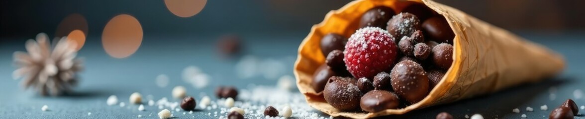 Decorative paper cone filled with dark chocolate, winter, dessert