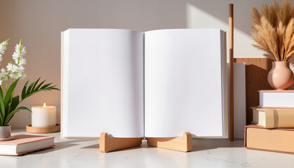 Open wedding planner book displayed on wooden stand with warm sunlight, floral decor, and natural elements for an organic theme