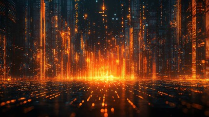 Naklejka premium Futuristic city street glowing orange. Possible stock photo use